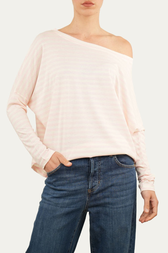 Maglia scollo a barca in cotone a righe Florida - Rosa Confetto