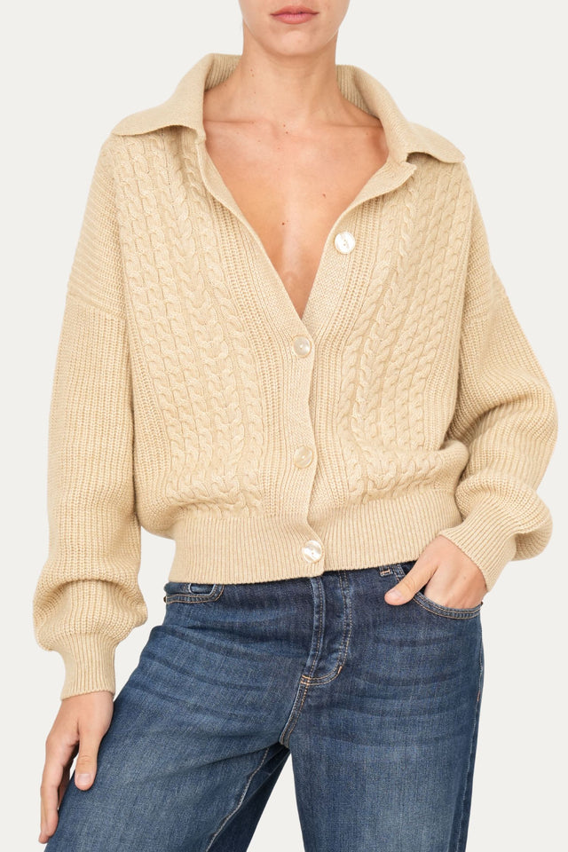 Maglia POLO con bottoni ricamata misto cashmere - Grano