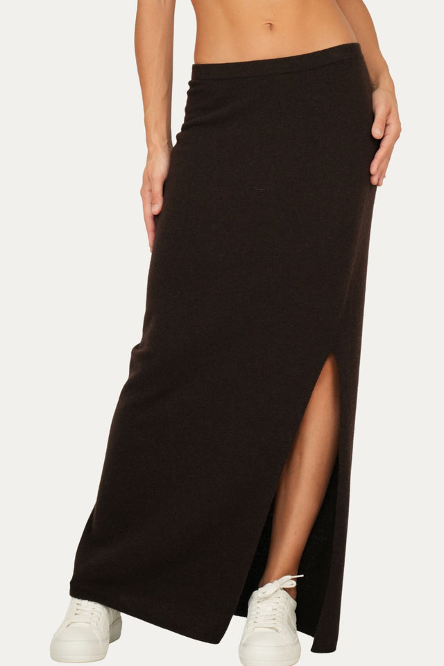 Gonna lunga con spacco misto cashmere - Caffè