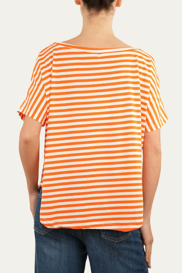 Maglia scollo a barca in cotone maniche corte a righe Florida - Arancio