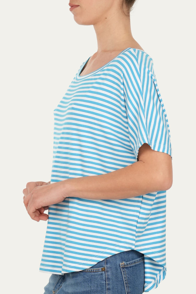 Maglia scollo barca spalla scesa corta righe Florida - Turchese