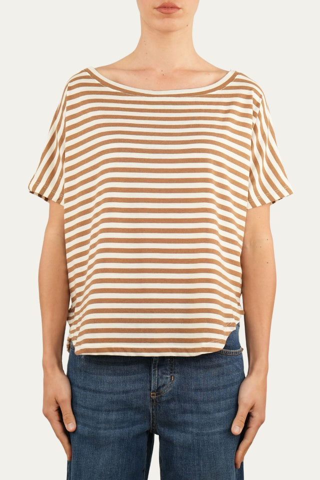 Maglia scollo a barca in cotone maniche corte a righe Florida - Tabacco