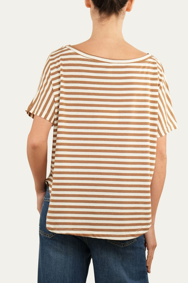 Maglia scollo a barca in cotone maniche corte a righe Florida - Tabacco