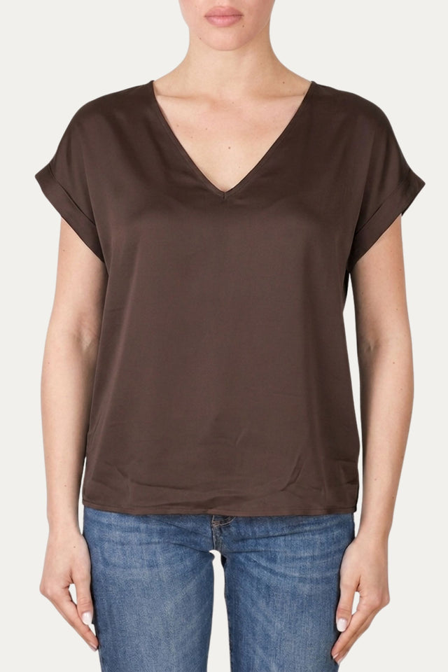 Blusa scollo a V in raso di viscosa - Cioccolato