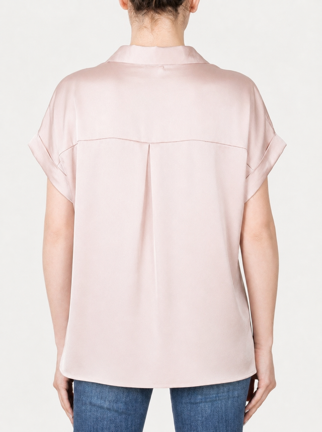 Blusa coreana a maniche corte in raso di viscosa - Cipria