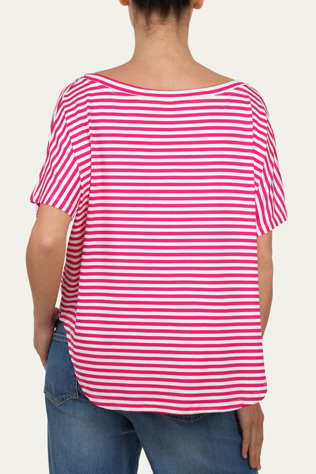Maglia scollo barca spalla scesa corta righe Florida - Fucsia