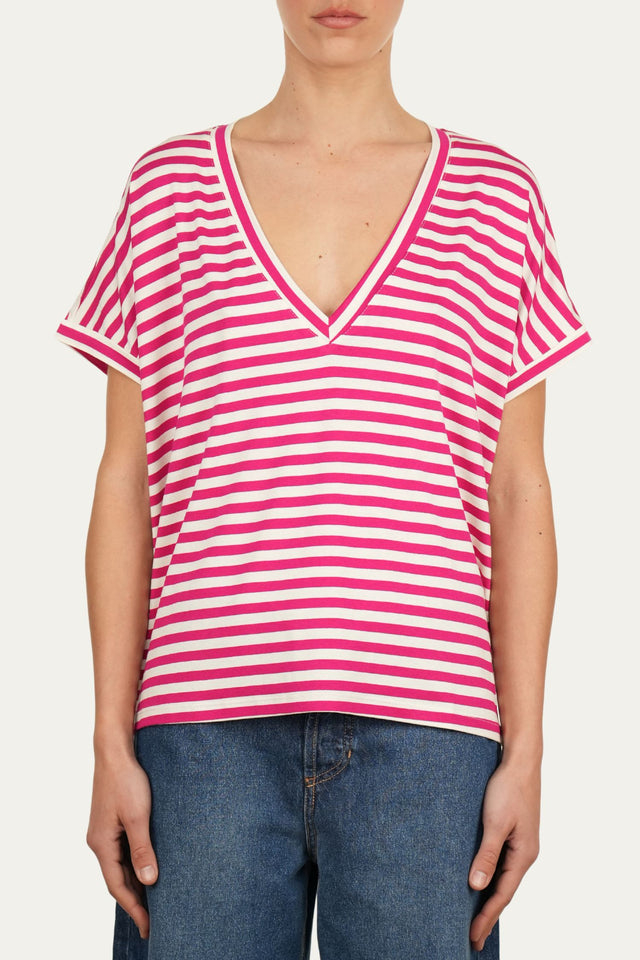 Maglia scollo a V righe Boston Viscosa - Fucsia