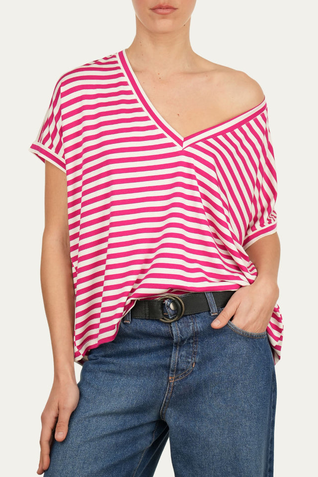 Maglia scollo a V righe Boston Viscosa - Fucsia