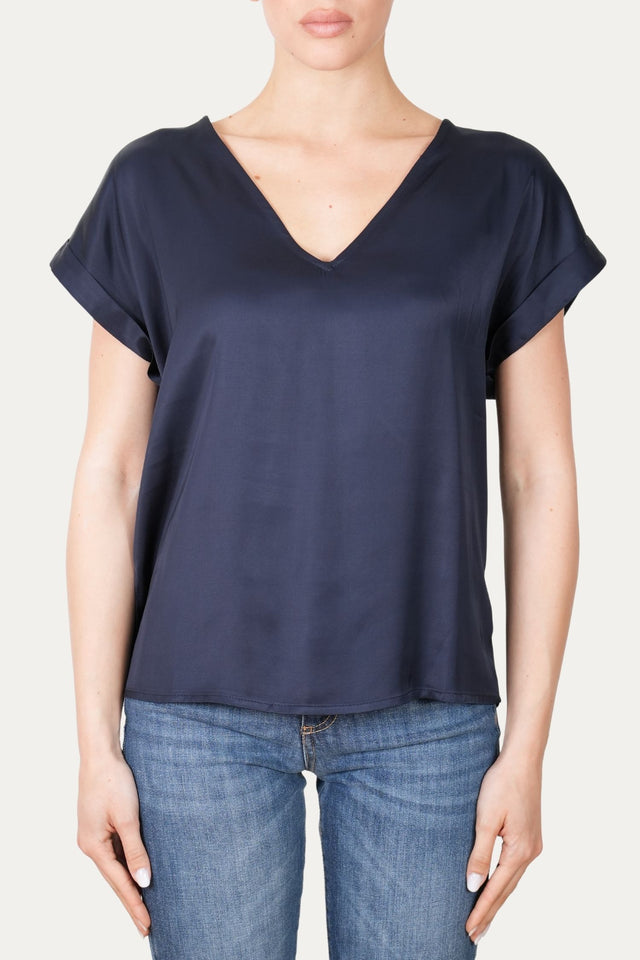 Blusa scollo a V in raso di viscosa - Blu Notte