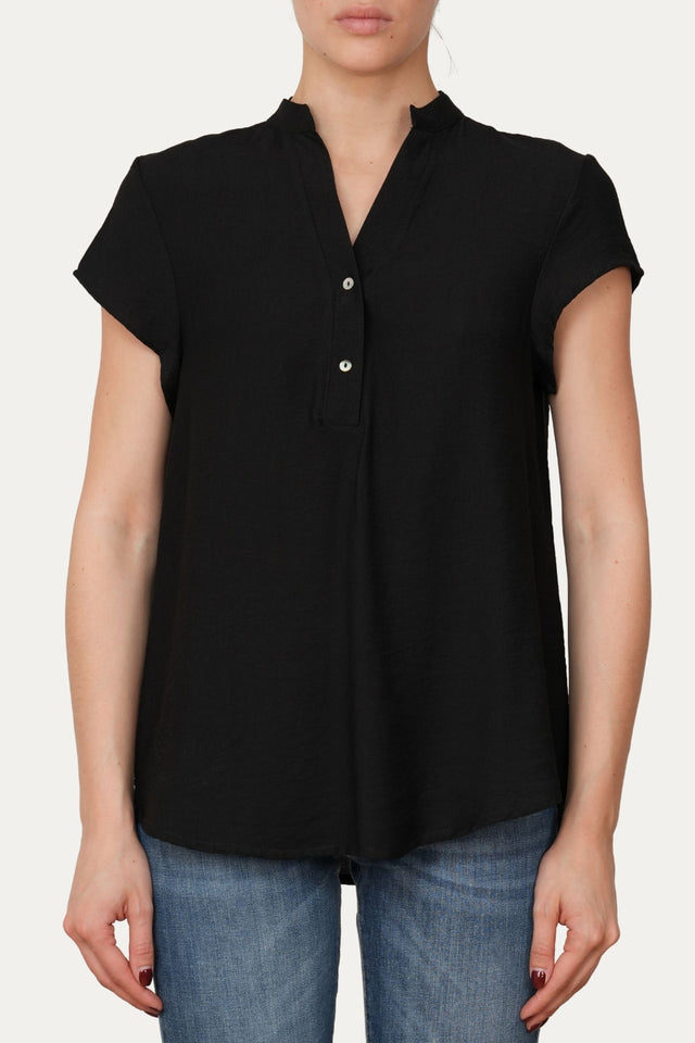 Blusa scollo a V con bottoni in viscosa strutturata - Nero