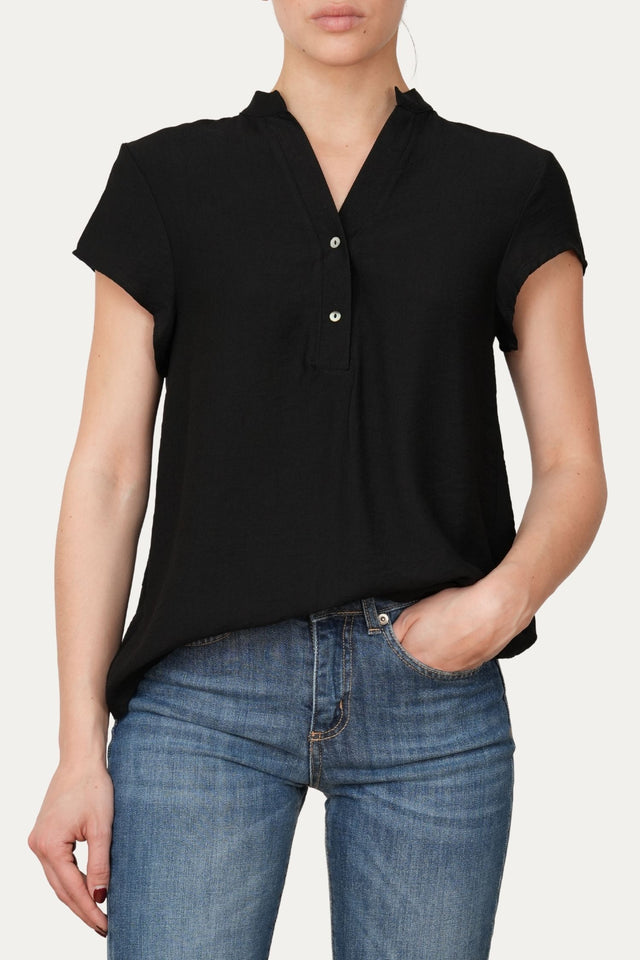 Blusa scollo a V con bottoni in viscosa strutturata - Nero