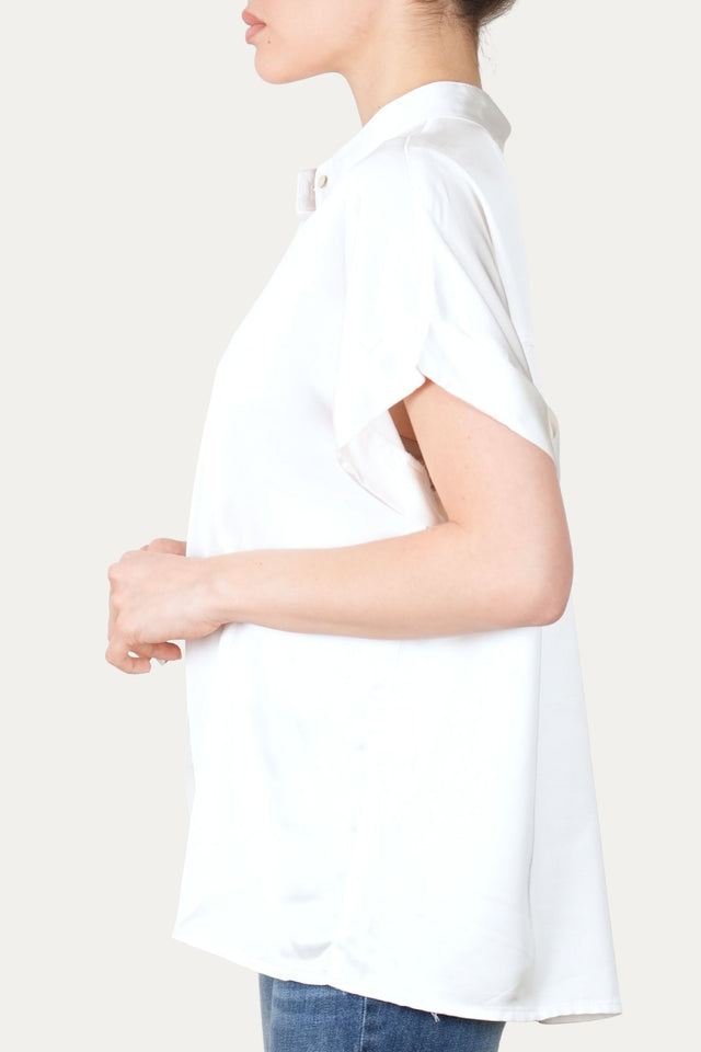 Blusa coreana a maniche corte in raso di viscosa - Perla