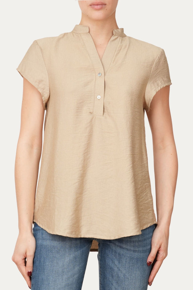 Blusa scollo a V con bottoni in viscosa strutturata - Crema