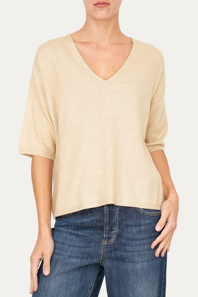 Maglia a scatola manica 3/4 misto cashmere - Grano