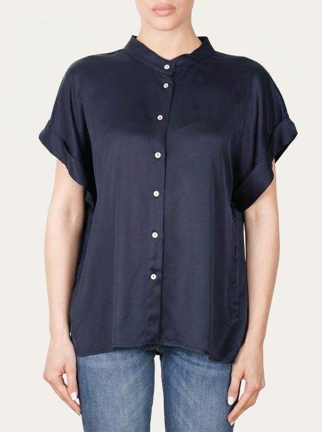 Blusa coreana a maniche corte in raso di viscosa - Blu Notte