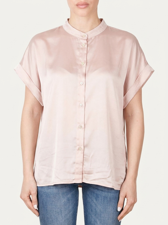 Blusa coreana a maniche corte in raso di viscosa - Cipria