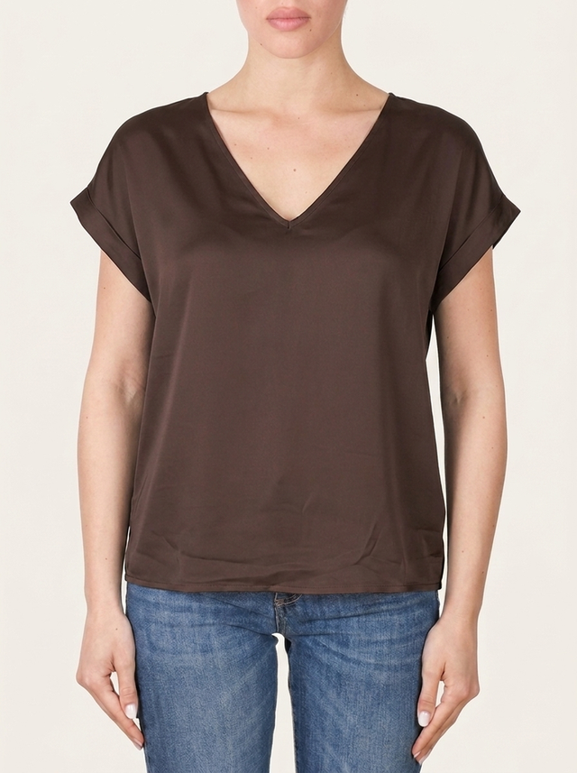 Blusa scollo a V in raso di viscosa - Cioccolato