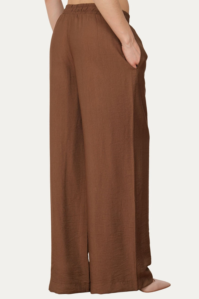 Pantalone palazzo con elastico in viscosa strutturata - Moka