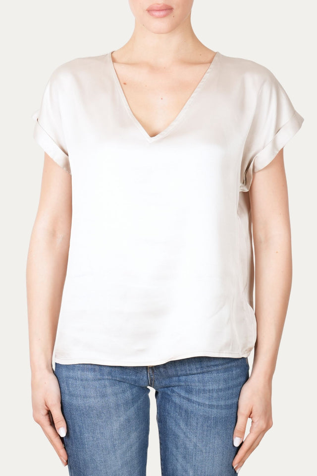 Blusa scollo a V in raso di viscosa - Champagne