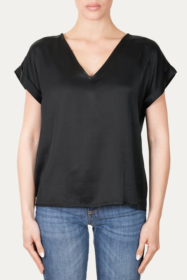 Blusa scollo a V in raso di viscosa - Nero