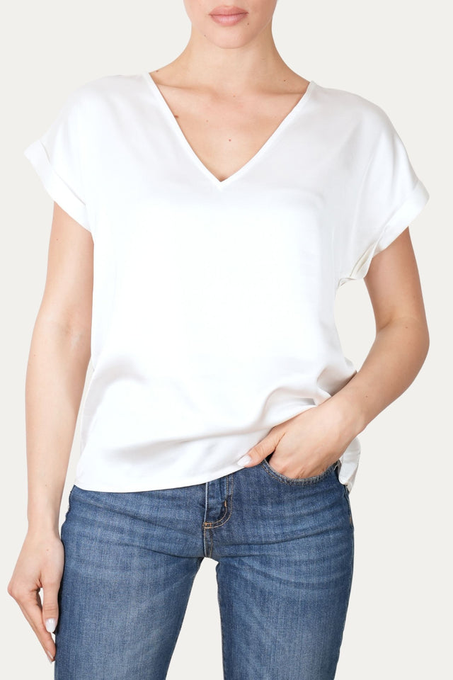 Blusa scollo a V in raso di viscosa - Perla