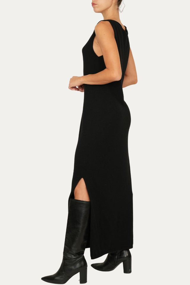 Abito lungo con spacco misto cashmere - Nero