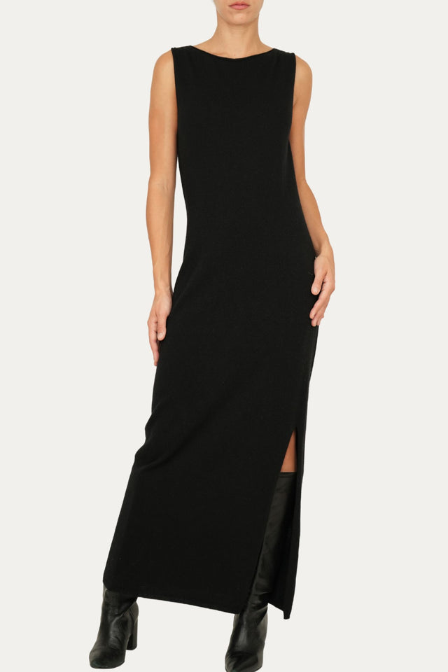 Abito lungo con spacco misto cashmere - Nero