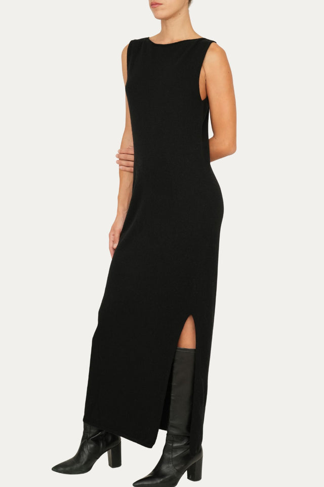 Abito lungo con spacco misto cashmere - Nero
