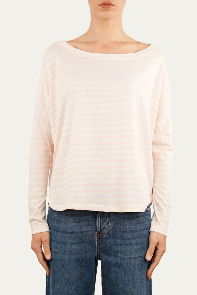 Maglia scollo a barca in cotone a righe Florida - Rosa Confetto