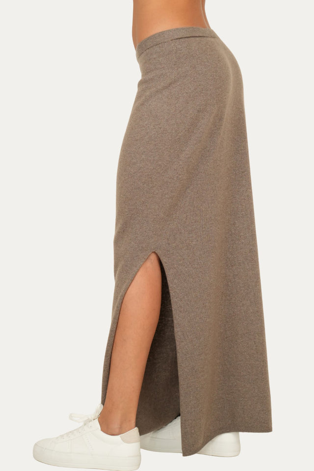 Gonna lunga con spacco misto cashmere - Noce