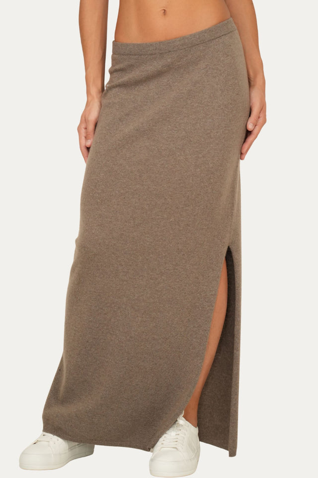 Gonna lunga con spacco misto cashmere - Noce