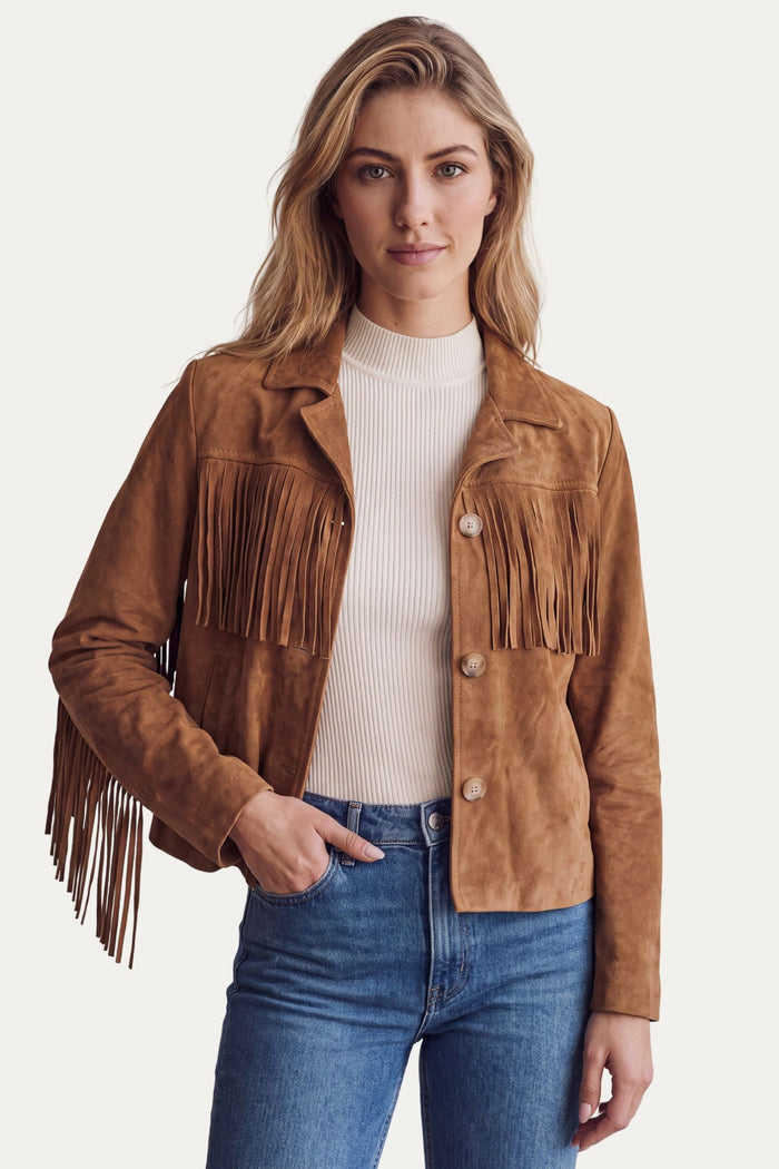Giacca in camoscio crop con frange - Cammello