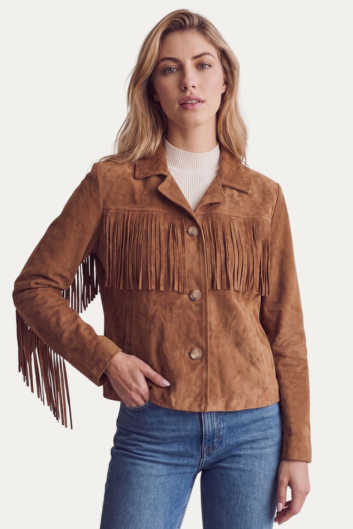 Giacca in camoscio crop con frange - Cammello