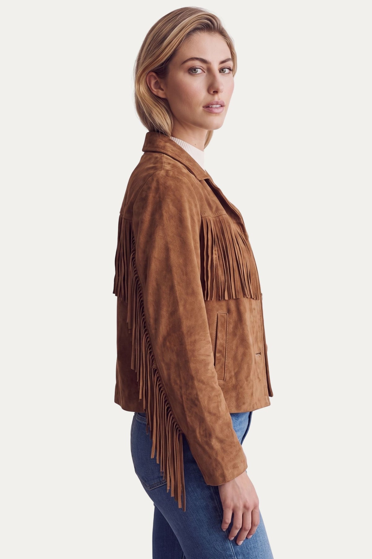 Giacca in camoscio crop con frange - Cammello