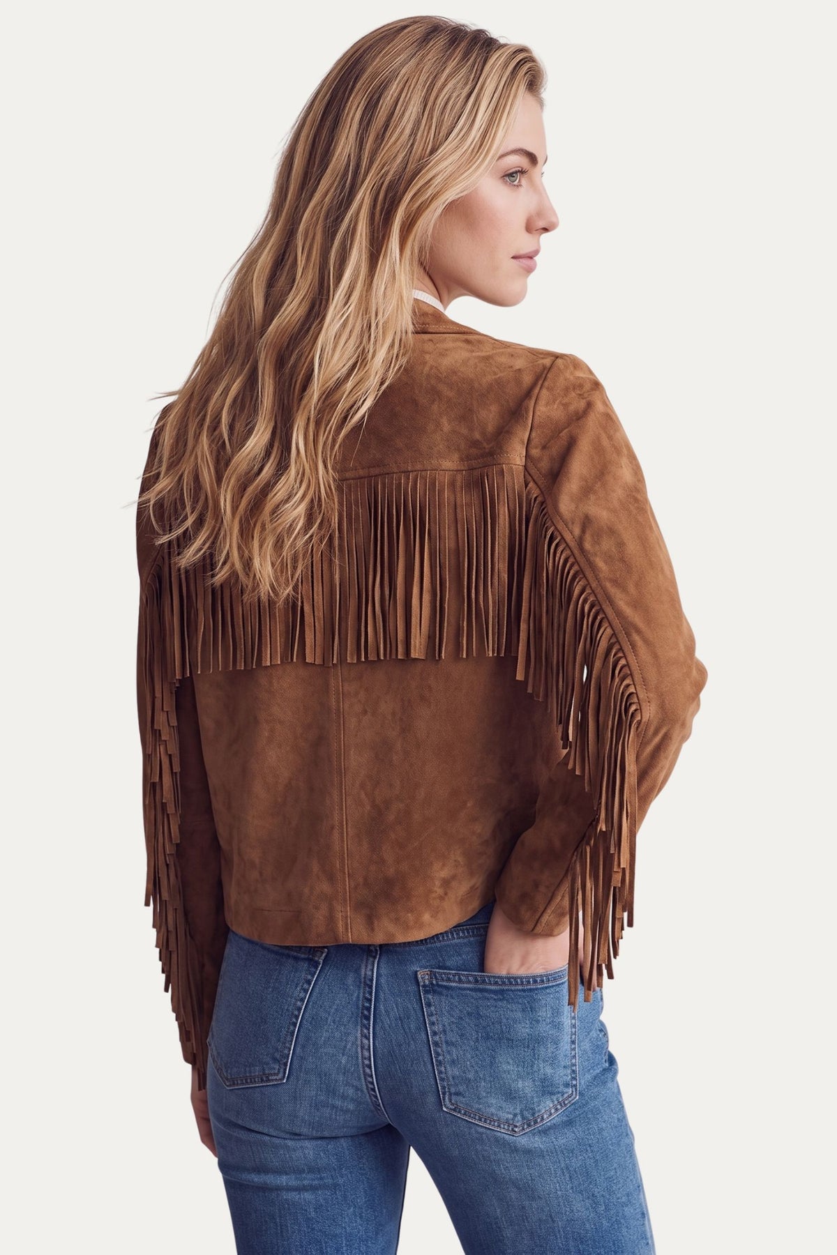 Giacca in camoscio crop con frange - Cammello