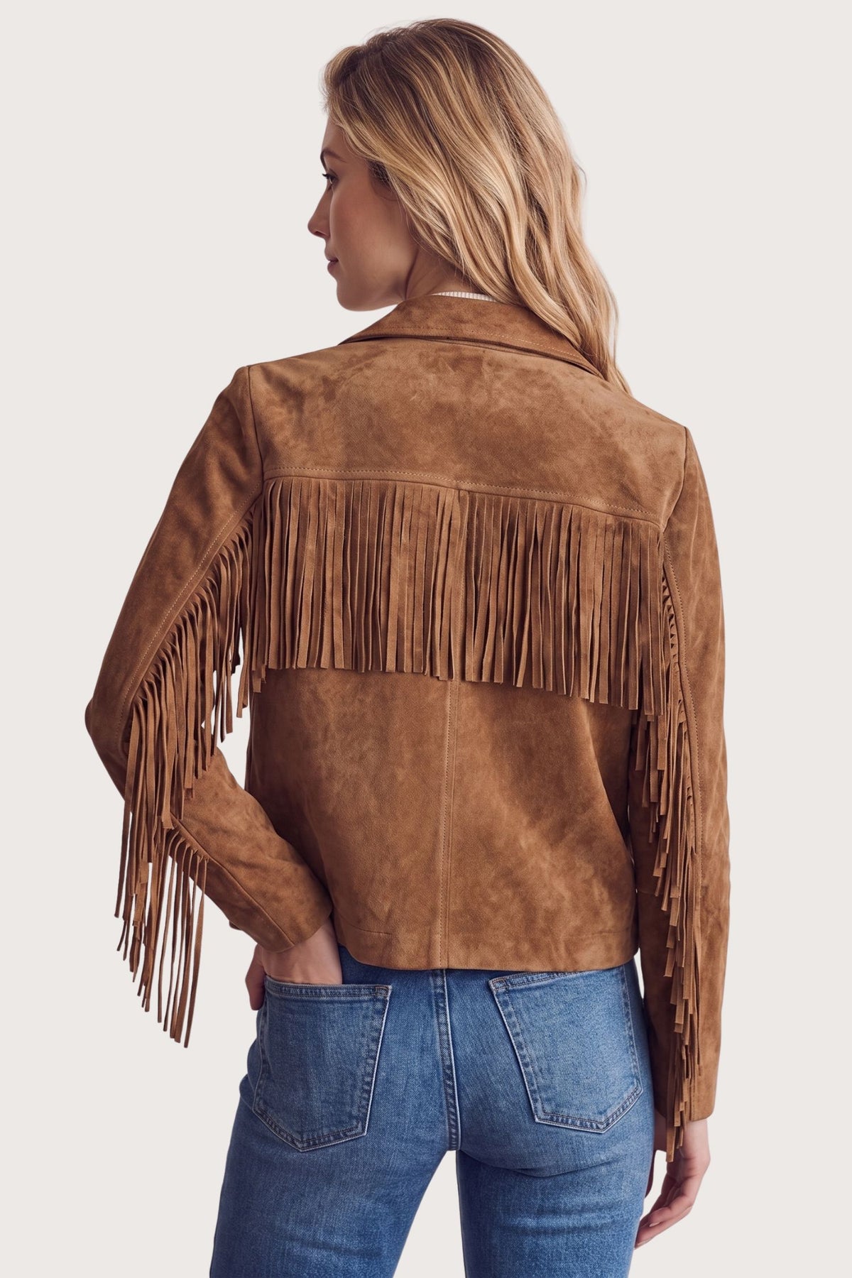 Giacca in camoscio crop con frange - Cammello