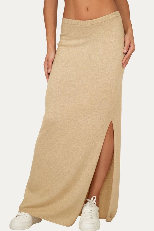 Gonna lunga con spacco misto cashmere - Grano