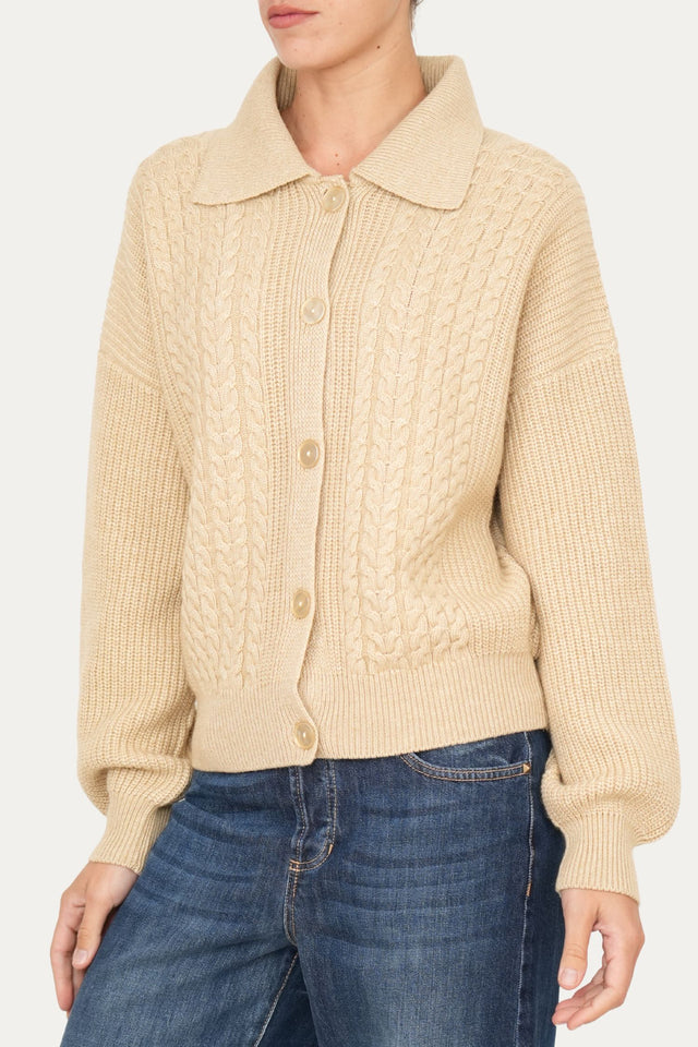 Maglia POLO con bottoni ricamata misto cashmere - Grano