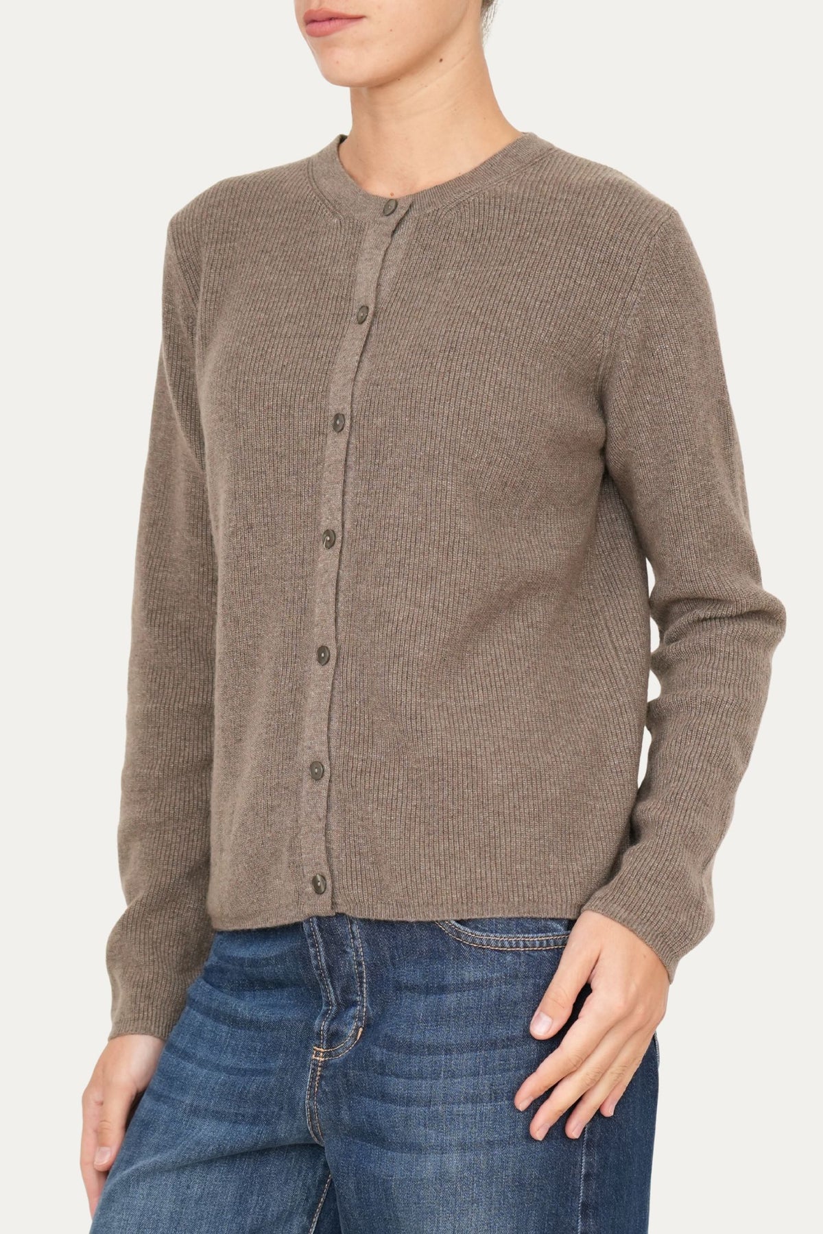 Cardigan manica lunga con bottoni misto cashmere - Noce
