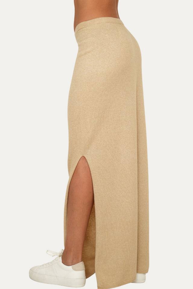 Gonna lunga con spacco misto cashmere - Grano