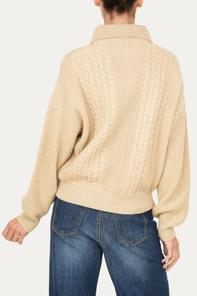 Maglia POLO con bottoni ricamata misto cashmere - Grano