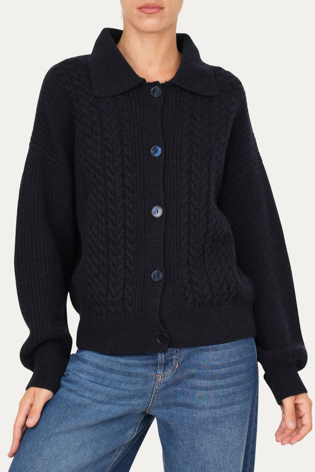 Maglia POLO con bottoni ricamata misto cashmere - Navy