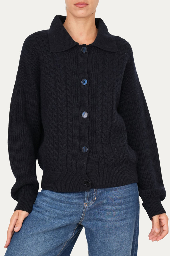 Maglia POLO con bottoni ricamata misto cashmere - Navy