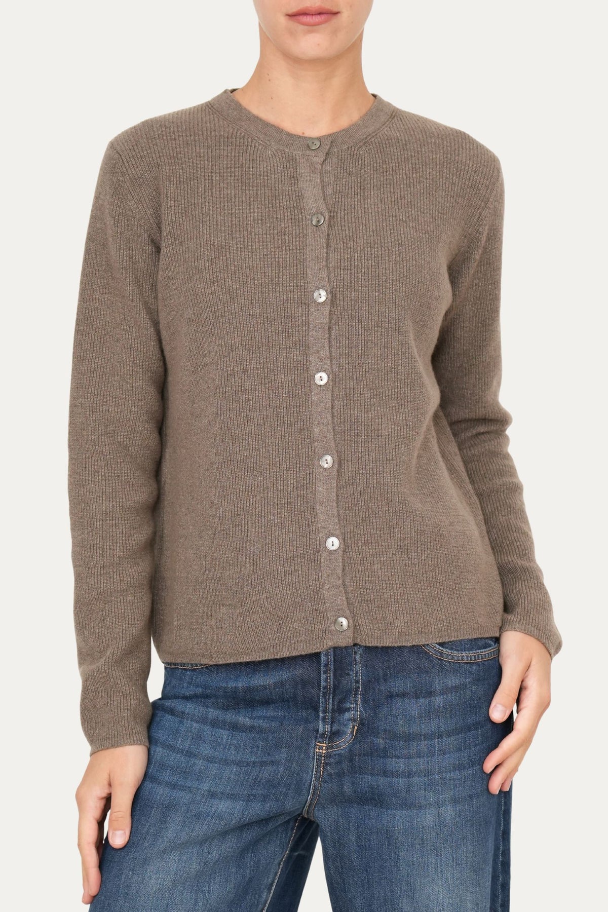 Cardigan manica lunga con bottoni misto cashmere - Noce