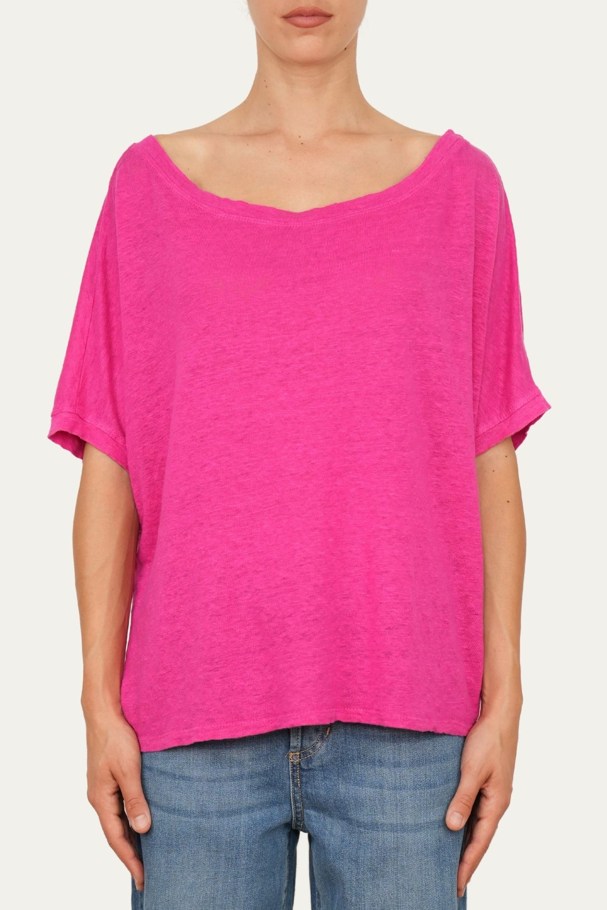 Maglia scollo a barca spalla scesa in Lino - Fucsia
