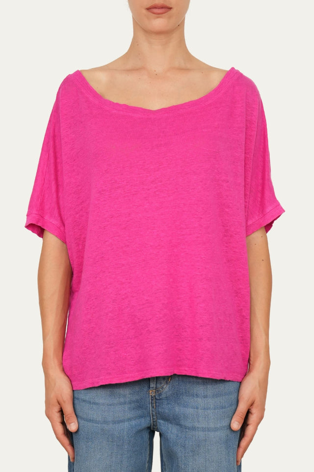 Maglia scollo a barca spalla scesa in Lino - Fucsia