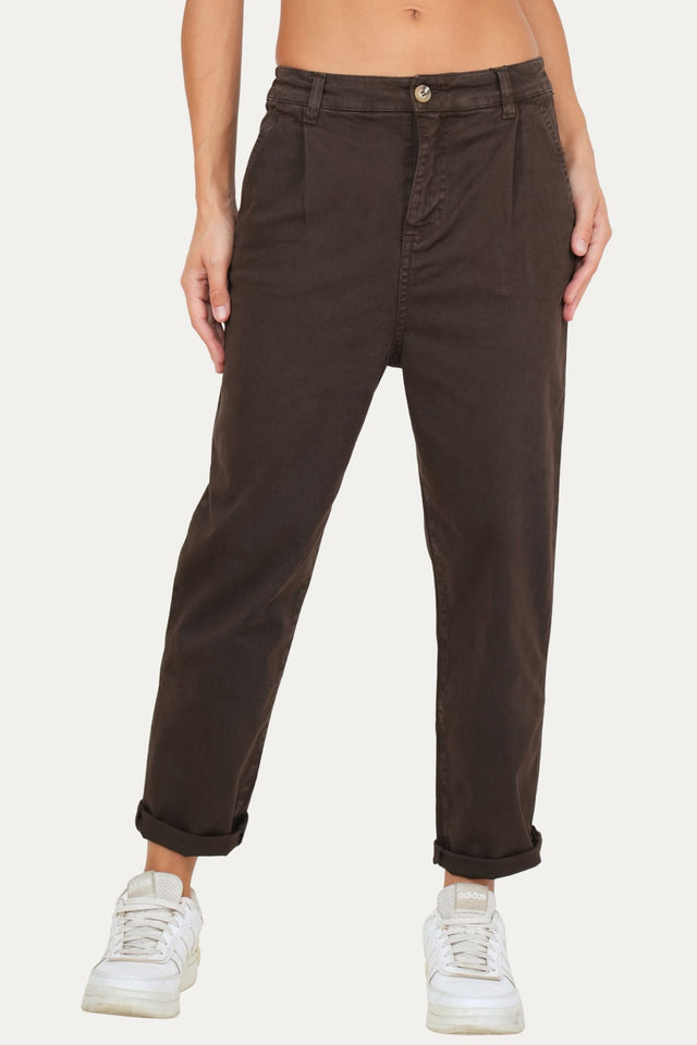 Pantalone boyfriend SALLY cotone gabardina - Moro