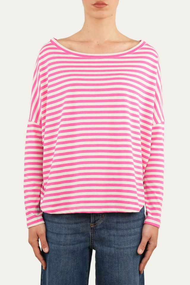 Maglia scollo a barca in cotone a righe Florida - Fuxia