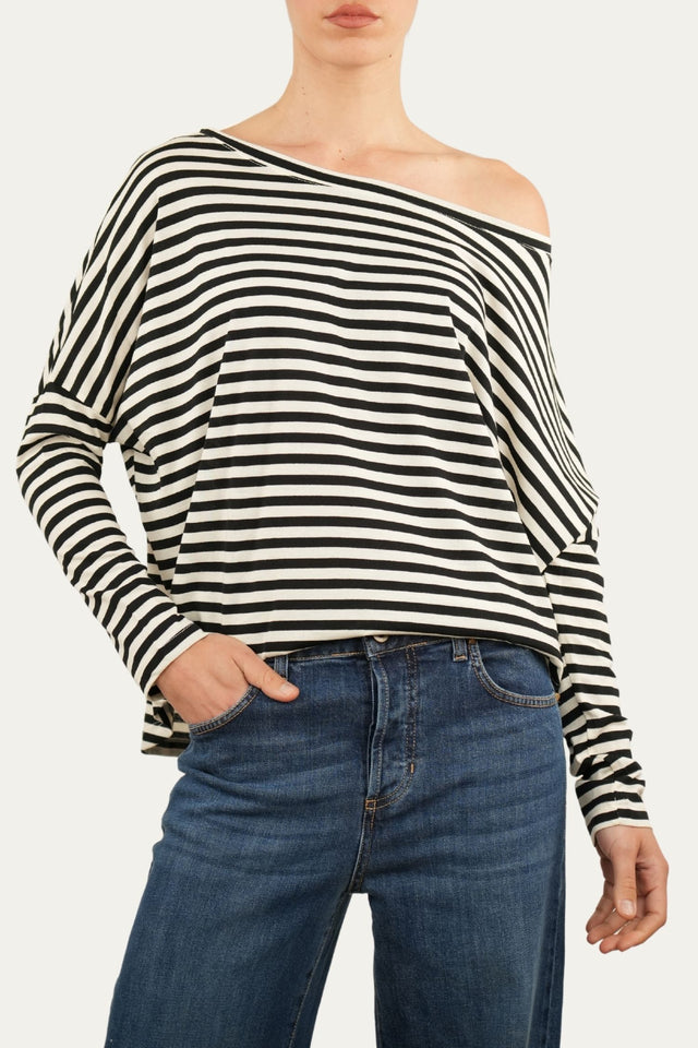 Maglia scollo a barca in cotone a righe Florida - Nero