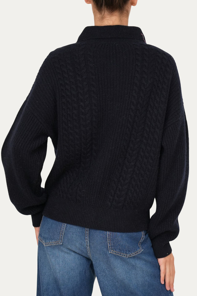 Maglia POLO con bottoni ricamata misto cashmere - Navy